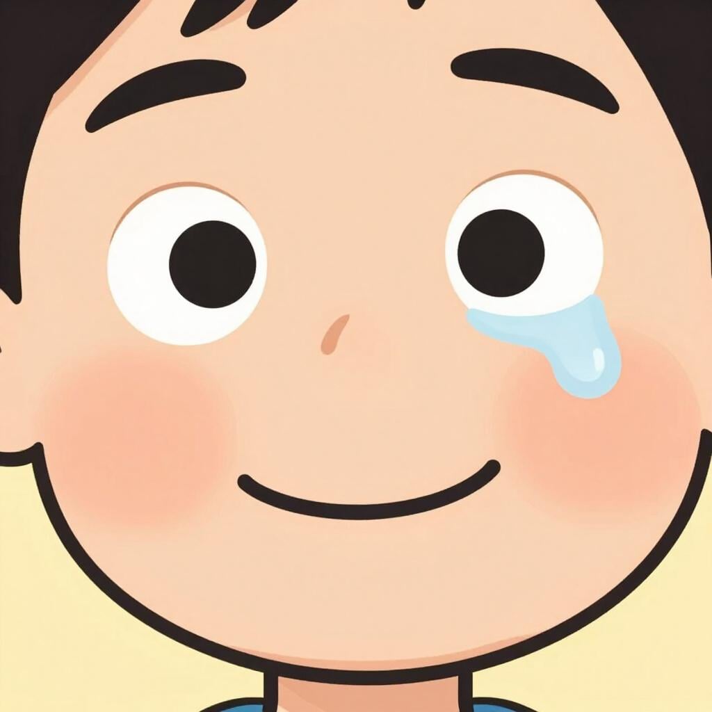 A simple character with a facial expression that shows both a smile and a small tear, representing a mix of feelings.