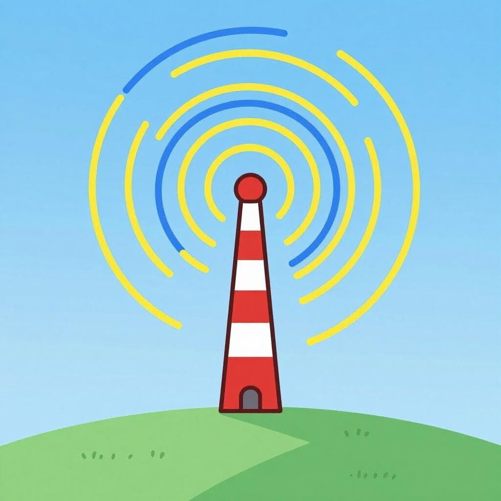 A classic radio tower on a hill with colorful signal waves radiating outward.