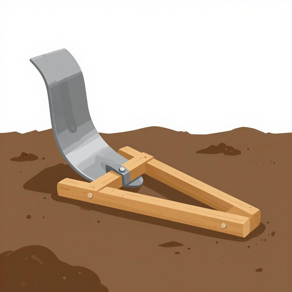 Une solide lame de soc de charrue en métal attachée à un cadre en bois reposant sur un champ brun.