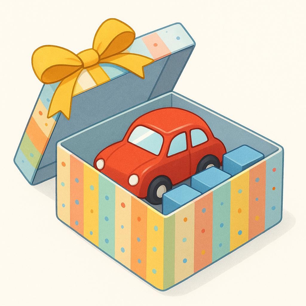 A red toy car resting inside a gift box with several blue building blocks, illustrating the concept of being included.