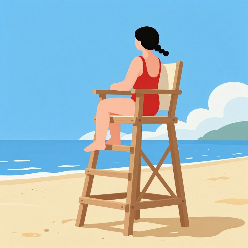 A lifeguard sitting in a high wooden chair on a sandy beach looking out at the ocean.