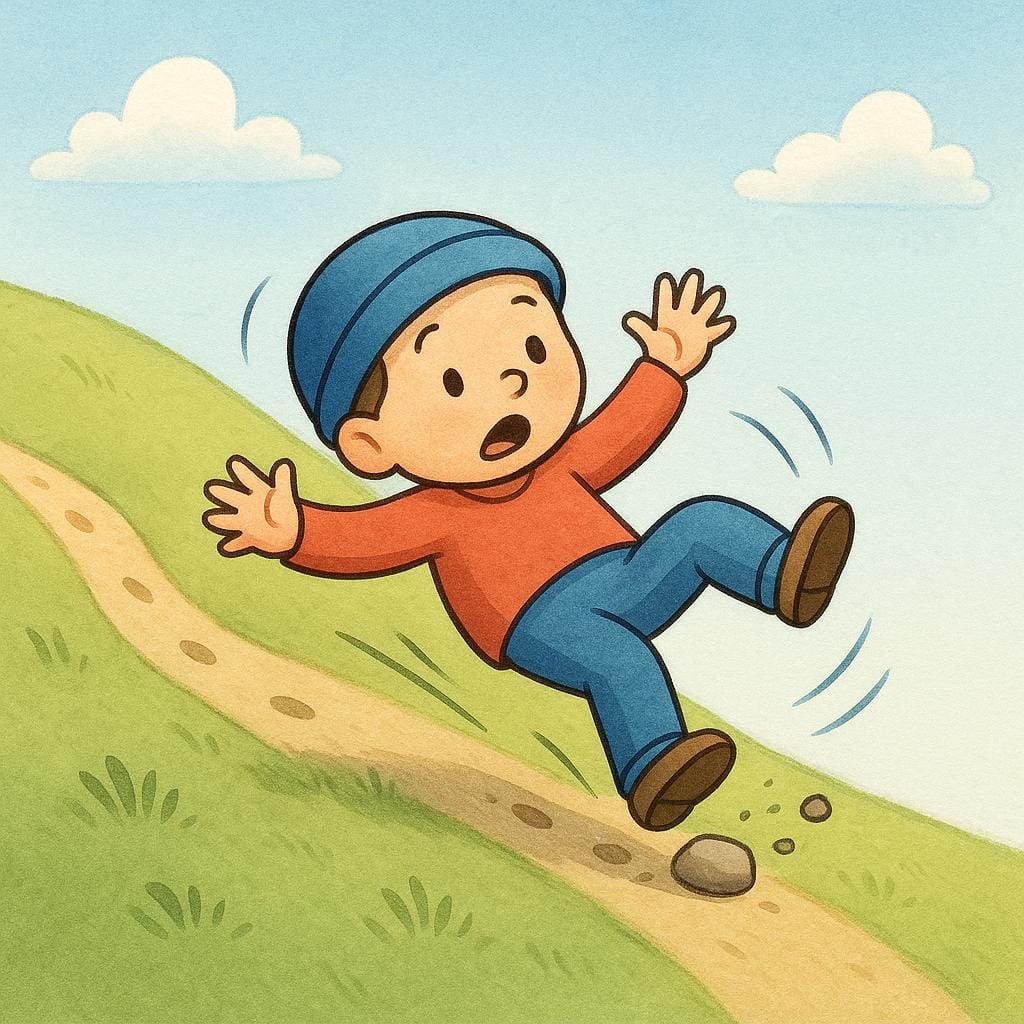 Une petite silhouette qui montait joyeusement une colline vient de trébucher sur une petite pierre et tombe en arrière sur la pente, symbolisant un renversement de fortune.