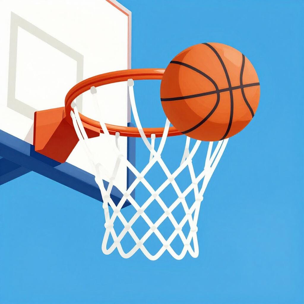 Een oranje basketbal die door een oranje ring en wit net valt.