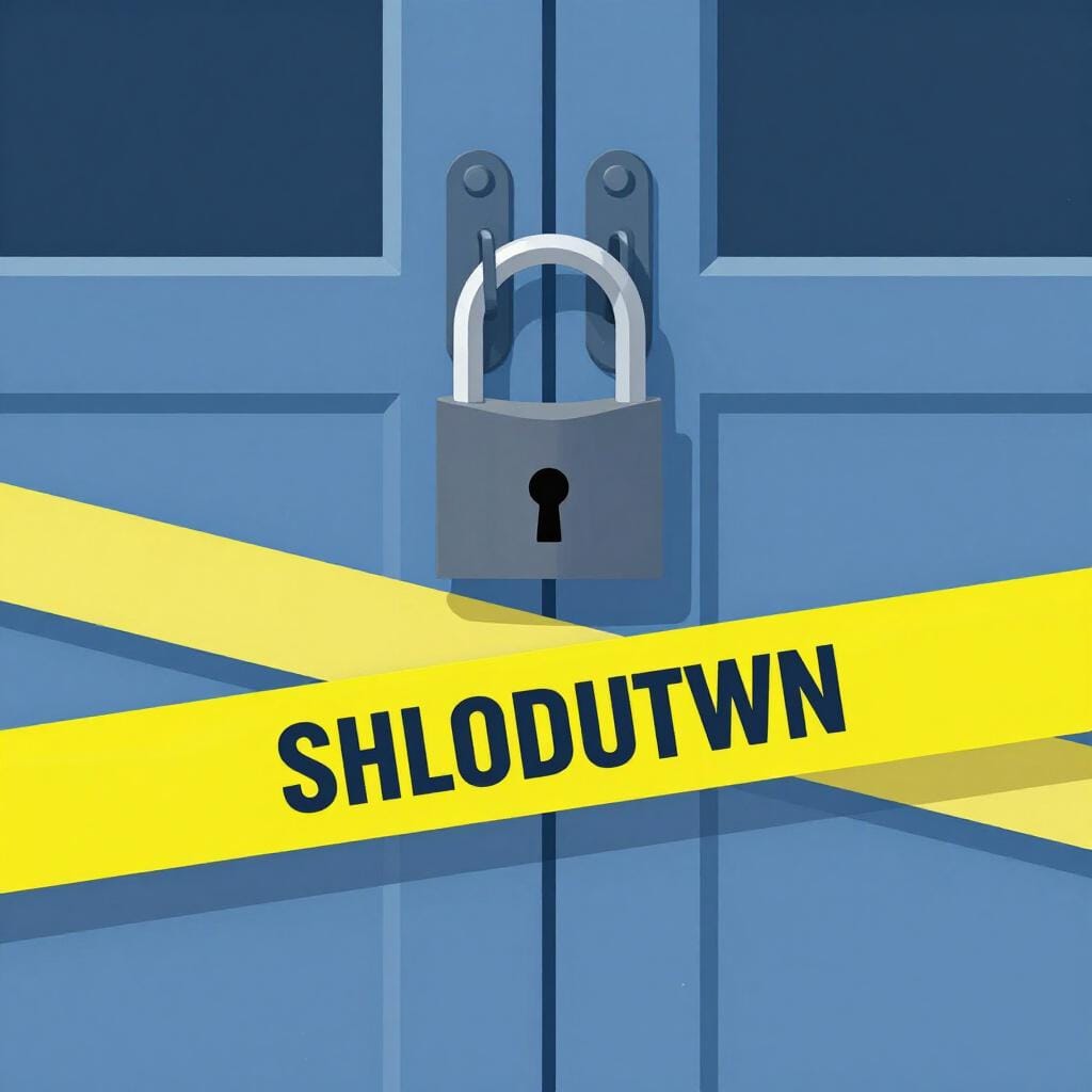 A heavy metal padlock and a thick yellow tape across a storefront door.