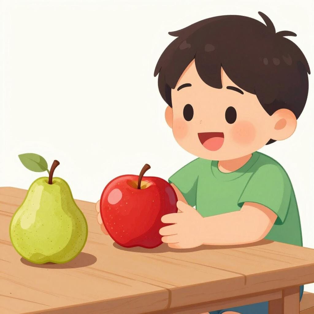 A child reaching for a red apple while ignoring a green pear next to it.