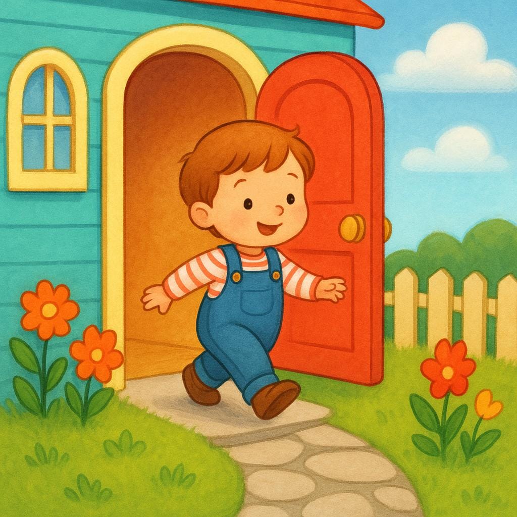 A child's shoe is visible just outside a bright red door, indicating they are leaving the house.
