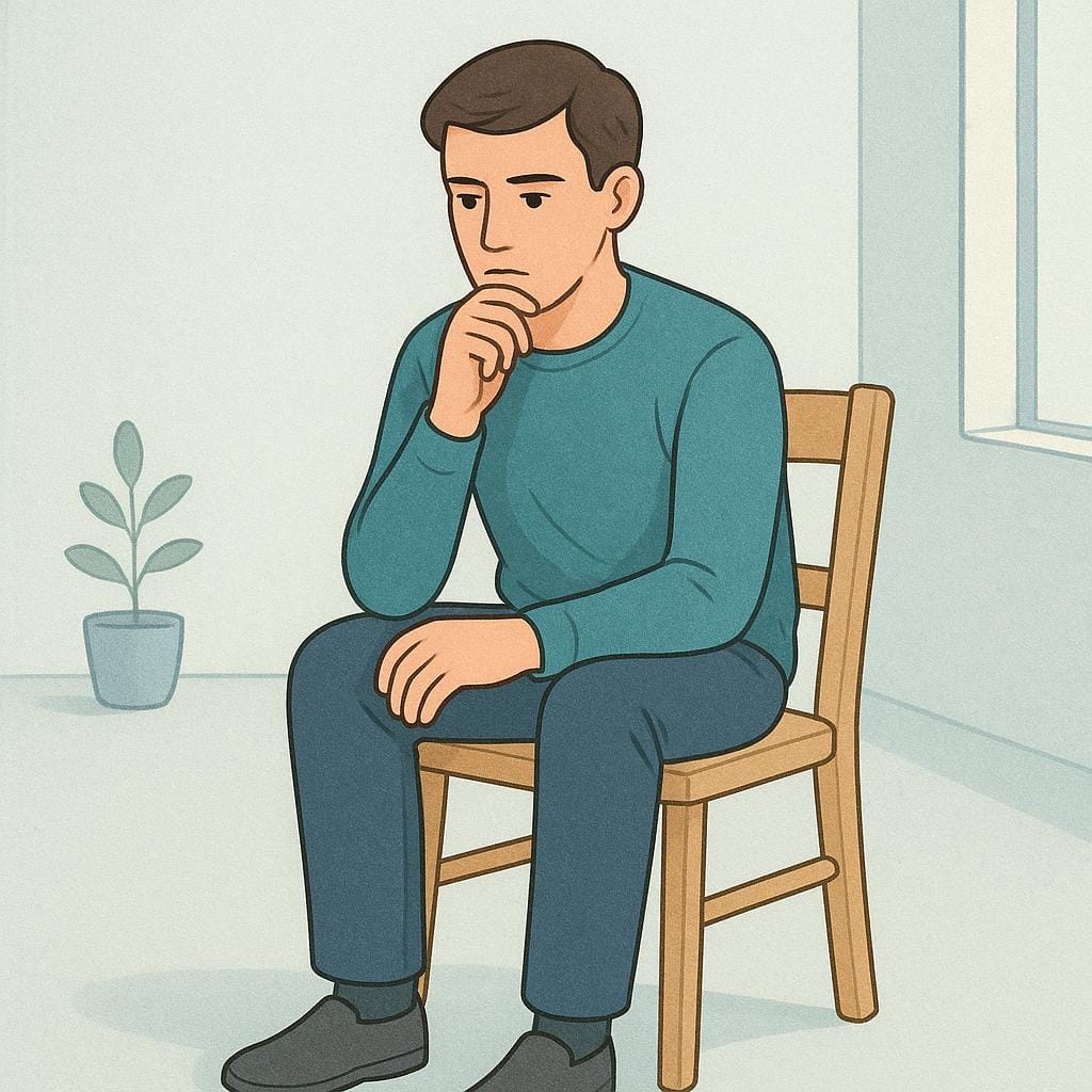 A colorful storybook illustration showing a person sitting on a simple wooden chair, looking directly forward with a thoughtful and serious expression, suggesting they are the subject of inquiry.