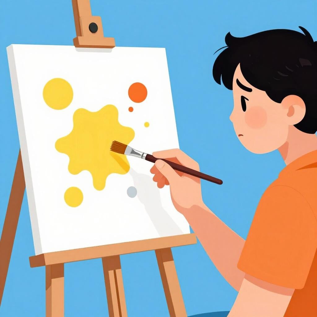 Une personne regardant confuse en tenant un pinceau à l'envers devant une toile désordonnée.