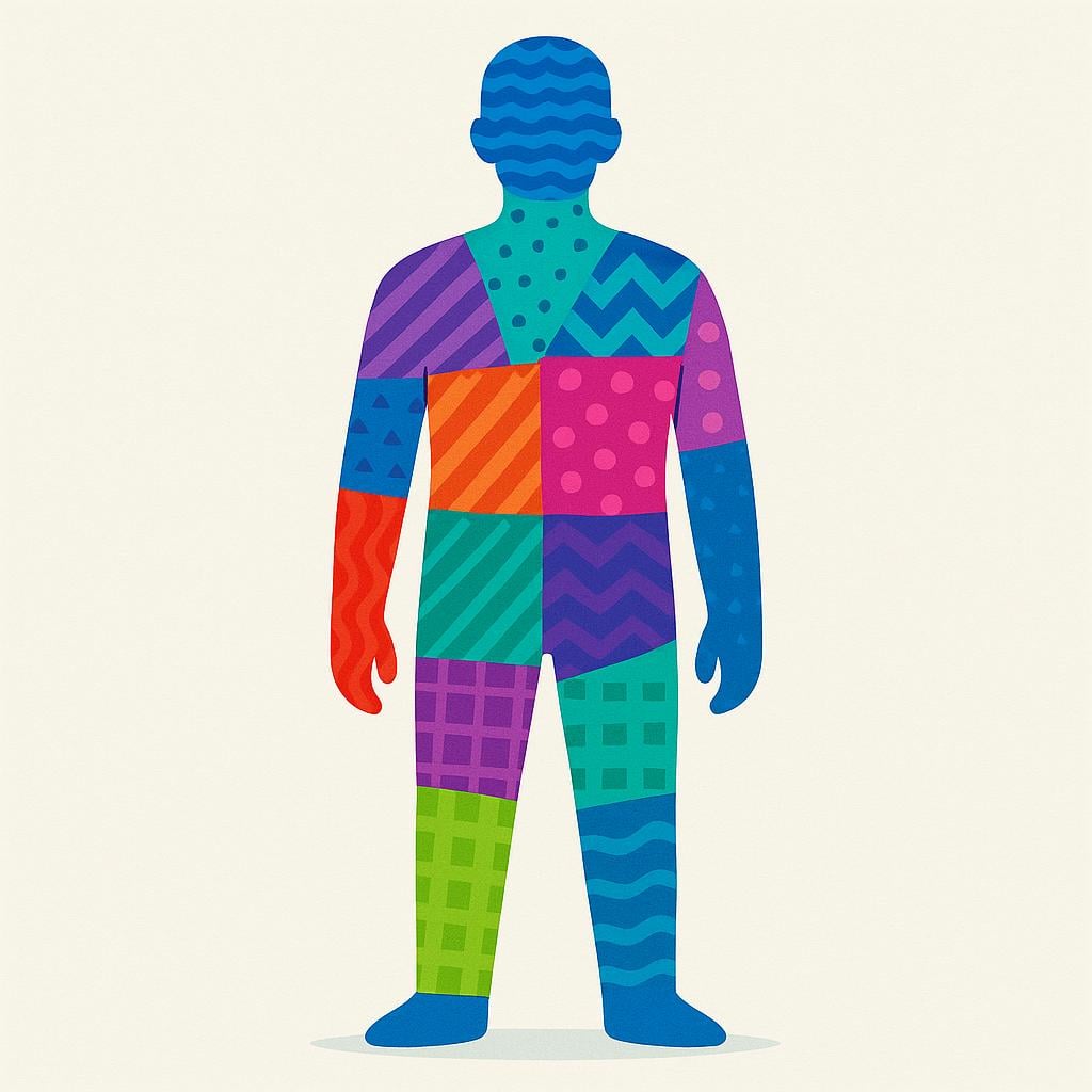 A colorful silhouette of a person filled with various unique patterns and colors, symbolizing personal identity and distinct characteristics.