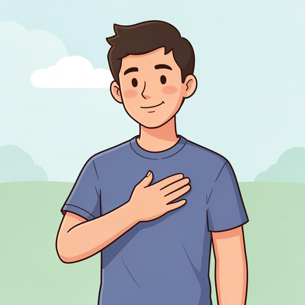 A friendly person standing confidently with a hand over their heart, nodding and smiling.