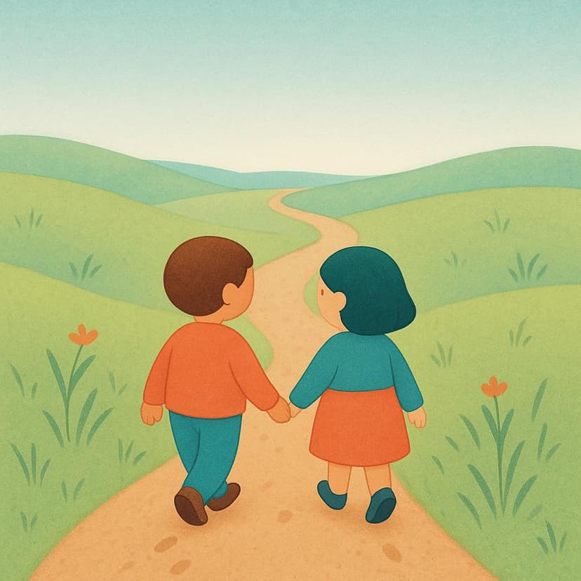 Two stylized small figures walking side-by-side along a winding dirt path that extends toward the horizon, symbolizing continuing an action or journey.