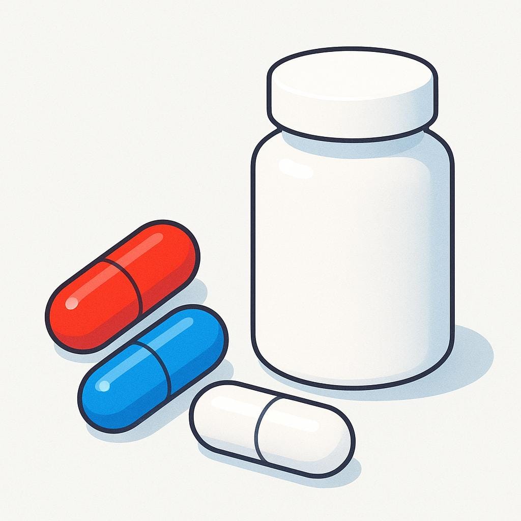 A high quality storybook illustration showing a simple white plastic bottle next to a small collection of colorful pills and capsules.