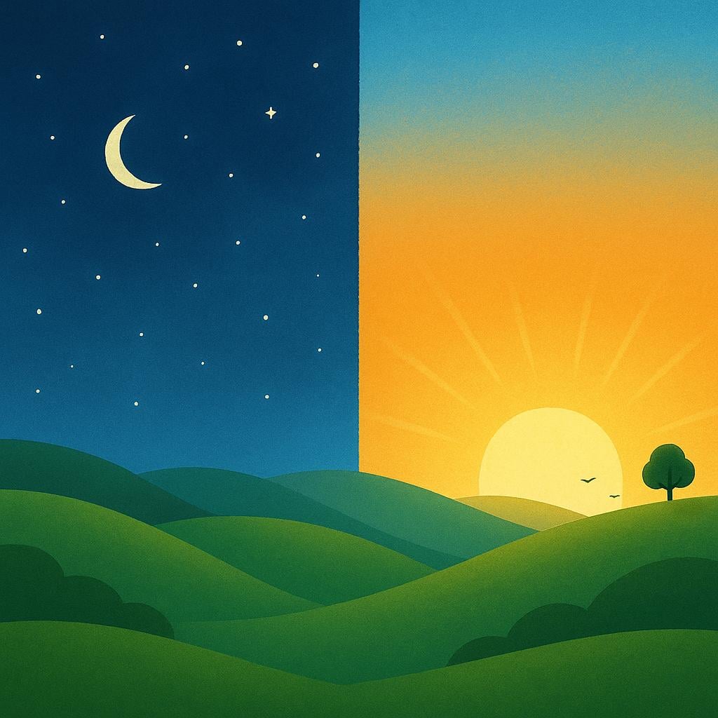 A colorful landscape showing the moment of sunrise, with the dark blue night sky giving way to bright orange and yellow light over green hills.