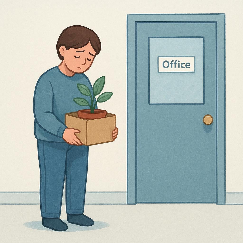 A sad person stands outside a closed door labeled 'Office', holding a small cardboard box with a plant, symbolizing dismissal.
