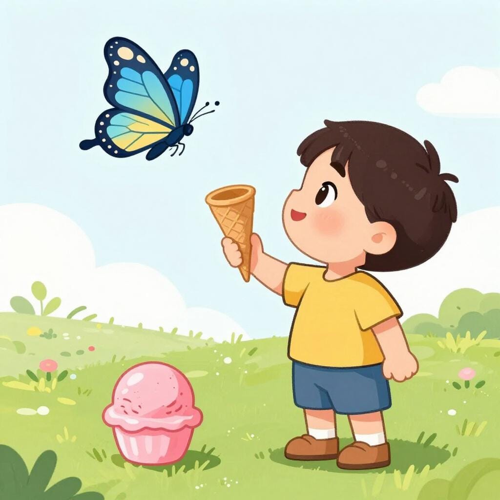 A child holding an empty ice cream cone while looking at a colorful butterfly flying away, unaware that the ice cream scoop has fallen to the ground.