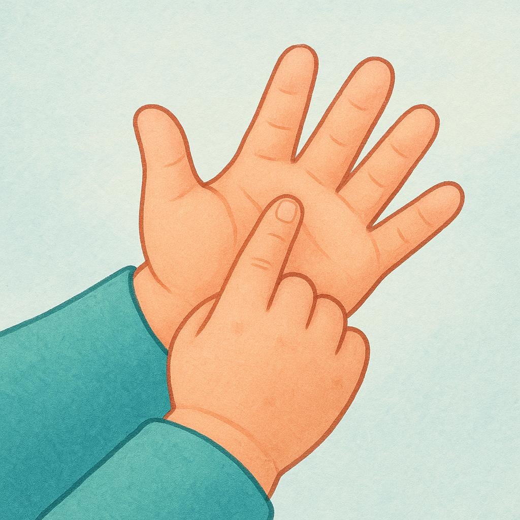 A young child sitting and carefully counting their fingers using both hands, focusing intently on the task.