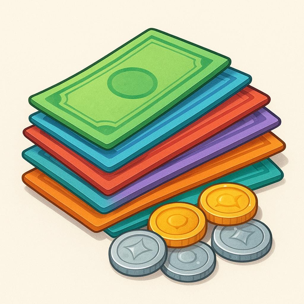 A neat pile of various colorful paper currency bills and shiny gold and silver coins stacked together.