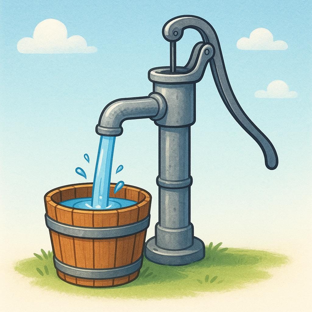 A metallic hand pump used to draw water, with water flowing into a wooden bucket.
