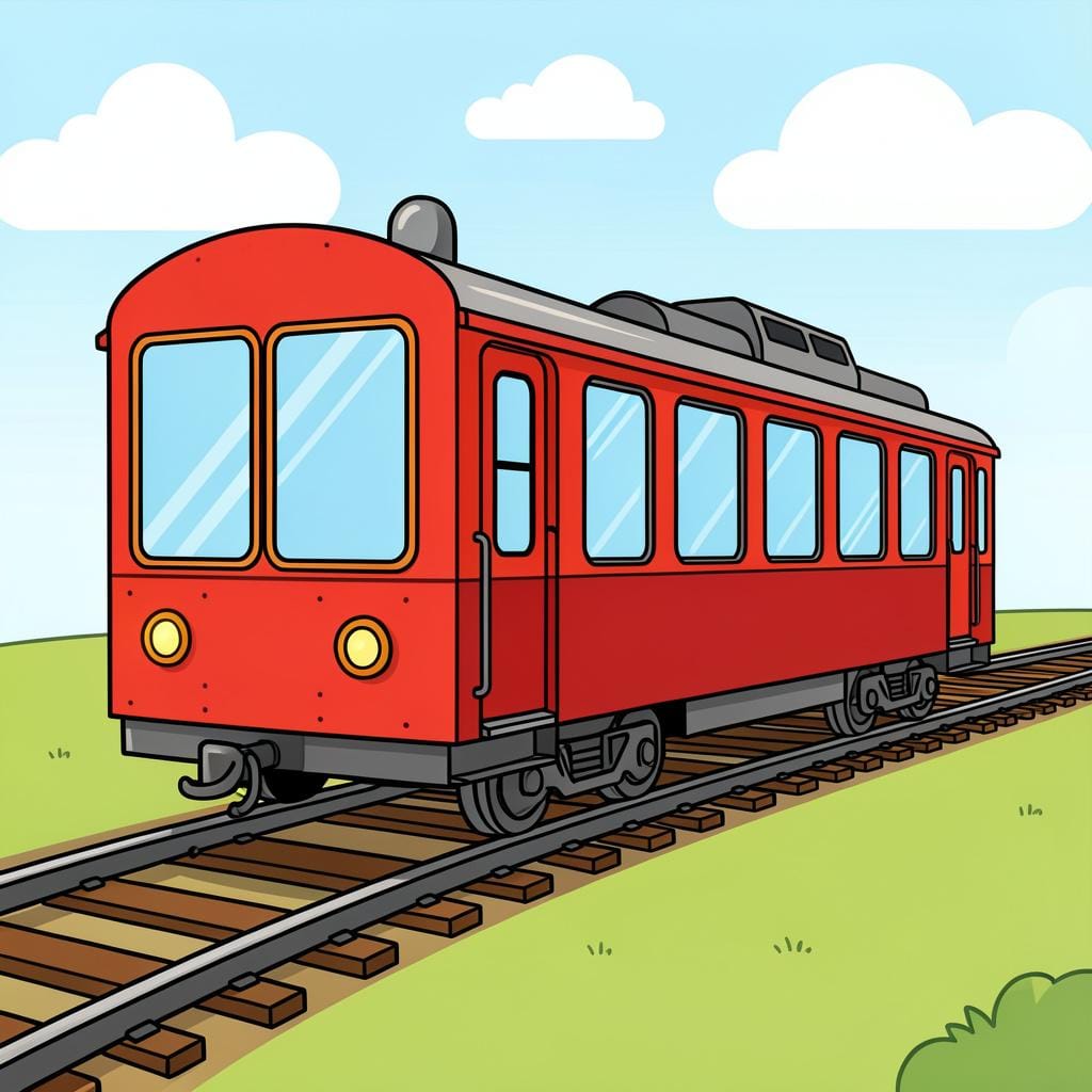 窓と車輪の付いたカラフルな旅客列車車両が線路に停車している様子。