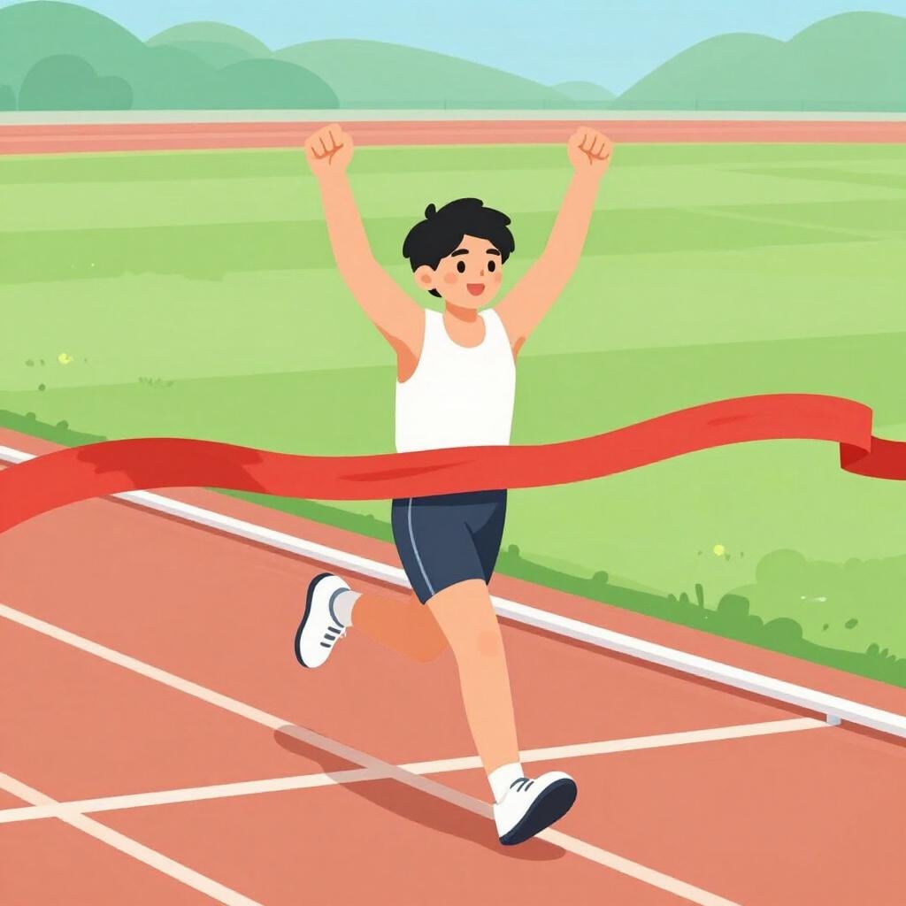 An athlete crossing a finish line with a ribbon, celebrating a victory.