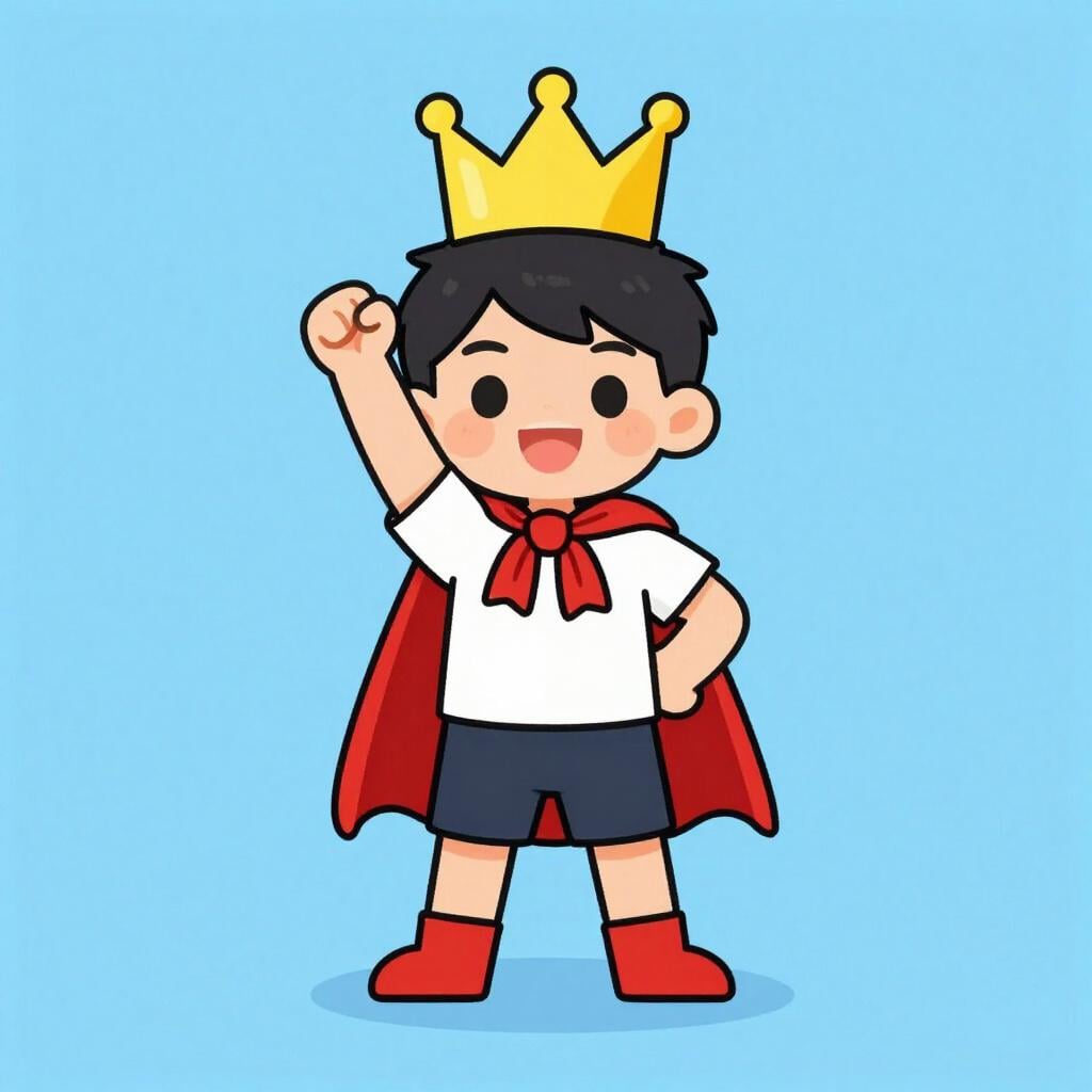 망토처럼 큰 수건과 종이 왕관을 쓰고 강력한 왕인 척하는 아이.