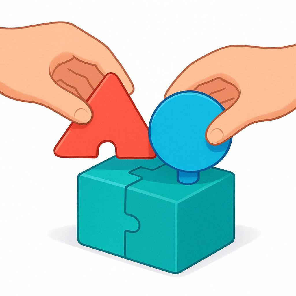 Uma imagem mostrando duas mãos colocando cuidadosamente o último bloco geométrico simples e colorido em uma estrutura de encaixe sobre uma mesa, simbolizando a criação de um sistema.