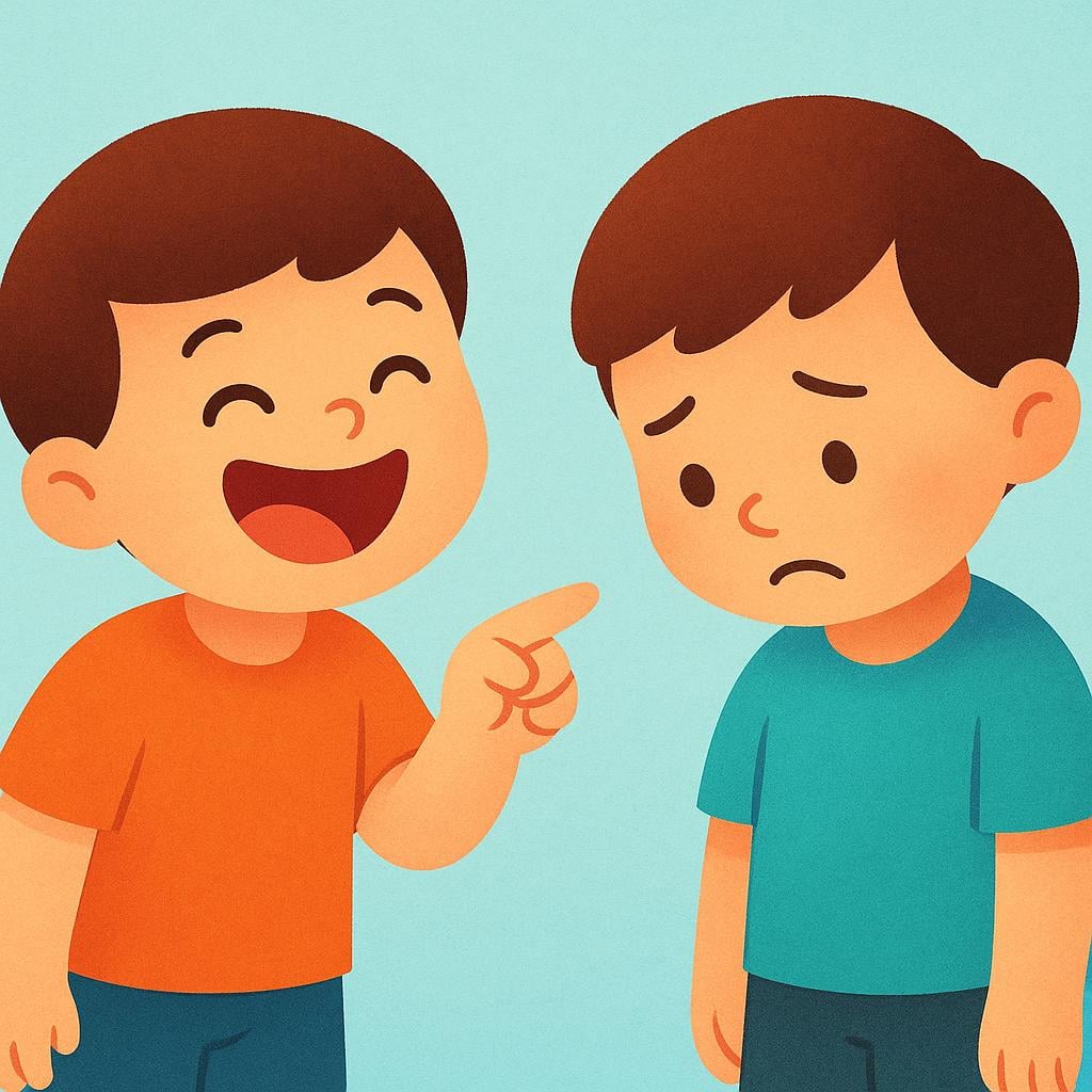 One stylized cartoon figure pointing and laughing loudly at a second figure, who looks embarrassed, demonstrating mockery.