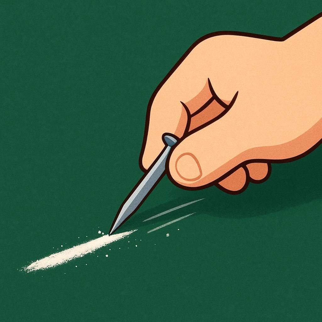 A simplified cartoon hand holding a sharp object, actively dragging it across a flat green chalkboard, leaving a visible white scratch mark.