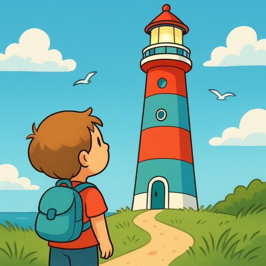 A small child wearing a backpack stands happily looking up at a tall, colorful lighthouse on a sunny day, illustrating the act of visiting a place.