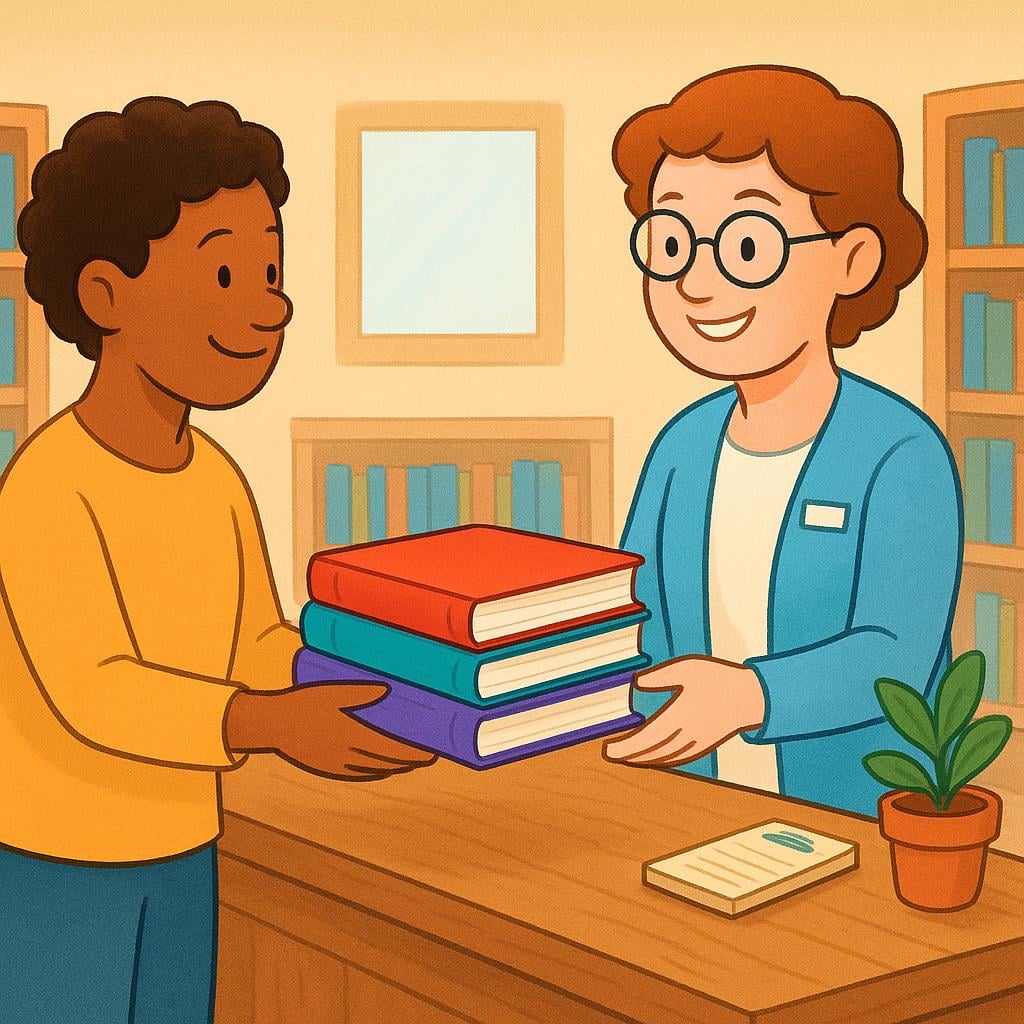 A person standing at a counter, handing a stack of books to a smiling librarian, symbolizing returning an item.