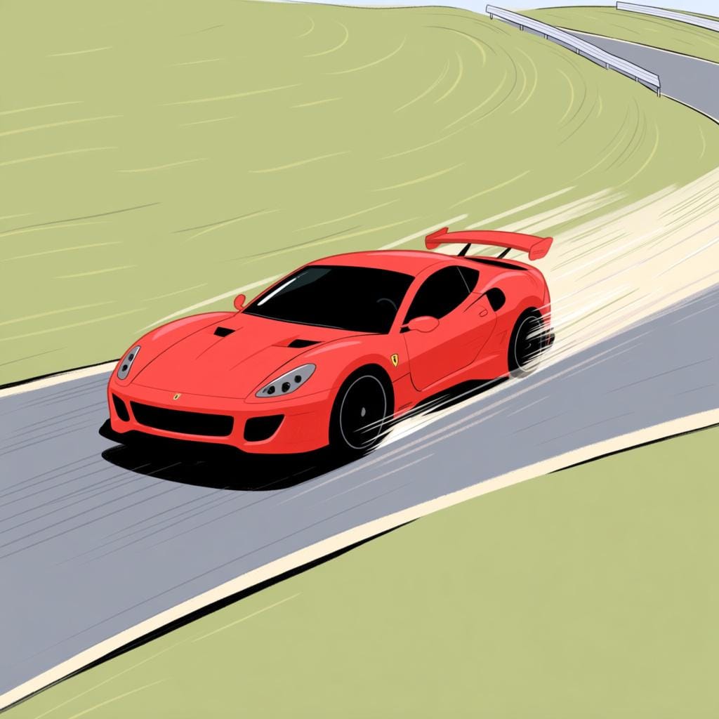 Un'auto da corsa rossa aerodinamica che accelera rapidamente su una strada tortuosa, illustrando l'azione di acquisire velocità.