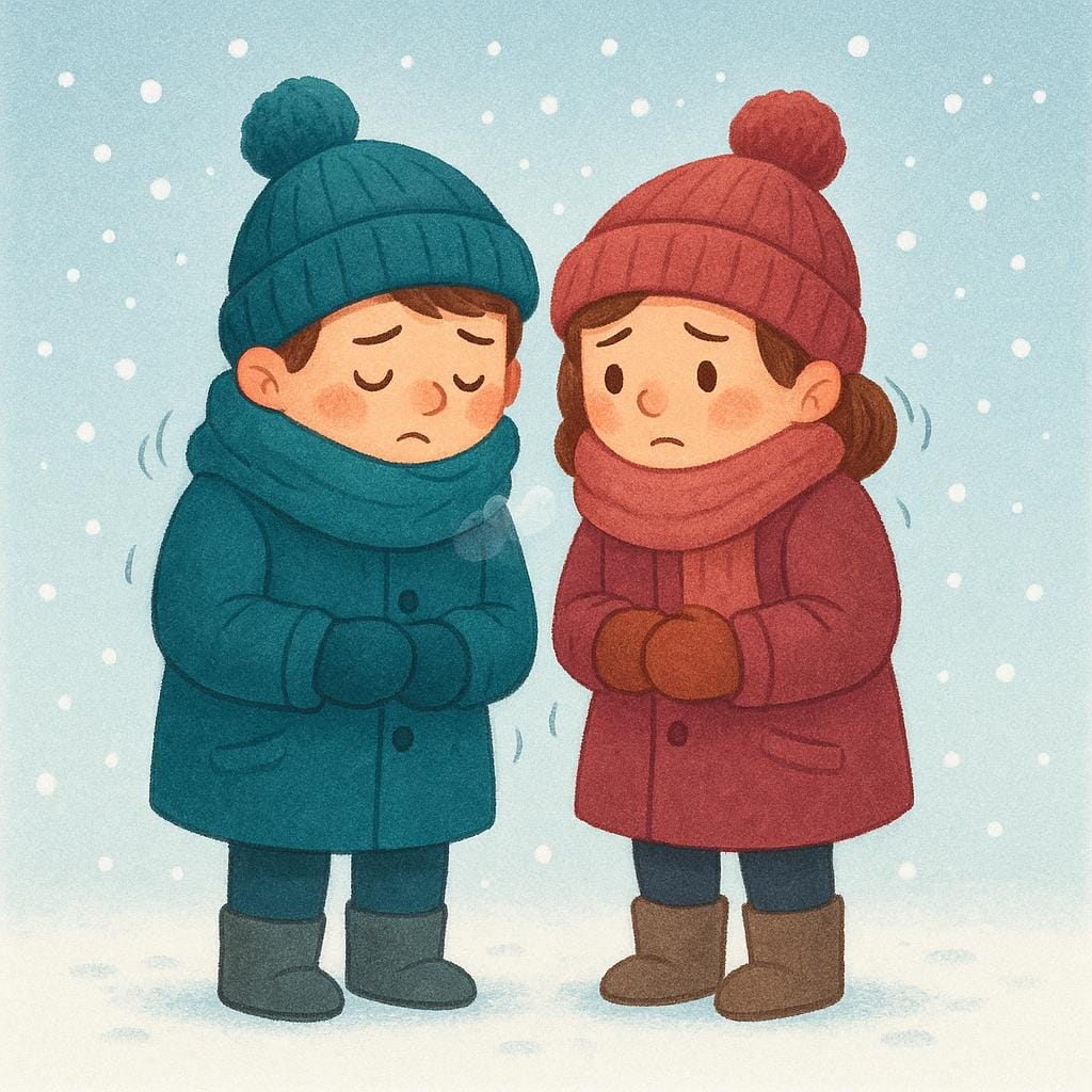 Twee figuren met dikke jassen en mutsen, ineengedoken en zichtbaar koud in een besneeuwd landschap, wat een fysieke toestand voorstelt.