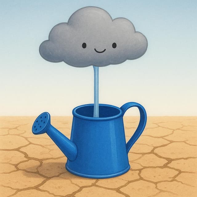 乾いたひび割れた地面に置かれた、小さくて空の青いジョウロ。その上には、大きくて親しみやすい灰色の雨雲が、要求を示しながら、ジョウロの注ぎ口に向かって一筋の水を注ぎ始めています。