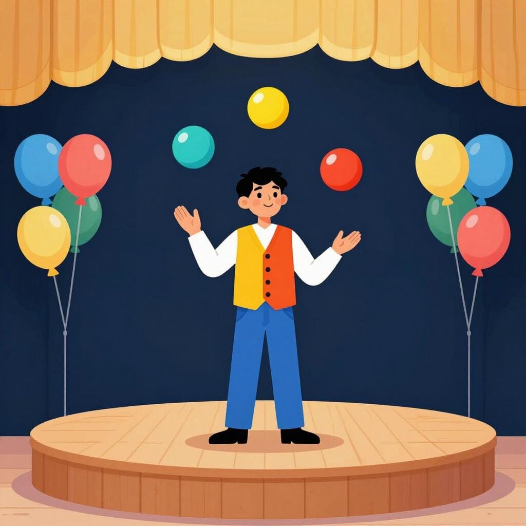 Ein Mann in einem bunten Kostüm jongliert mit leuchtenden Bällen auf einer Bühne bei einer festlichen Outdoor-Party.