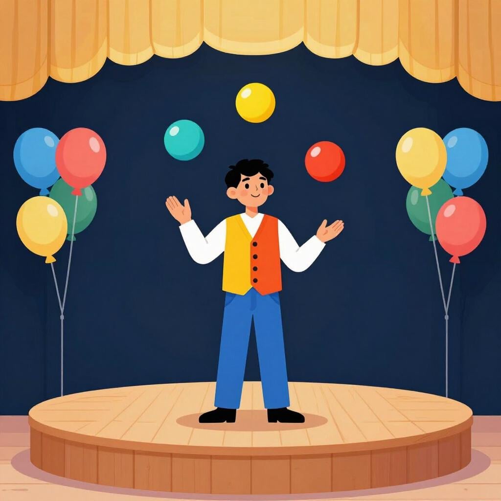 A man in a colorful costume juggling bright balls on a stage at a festive outdoor party.