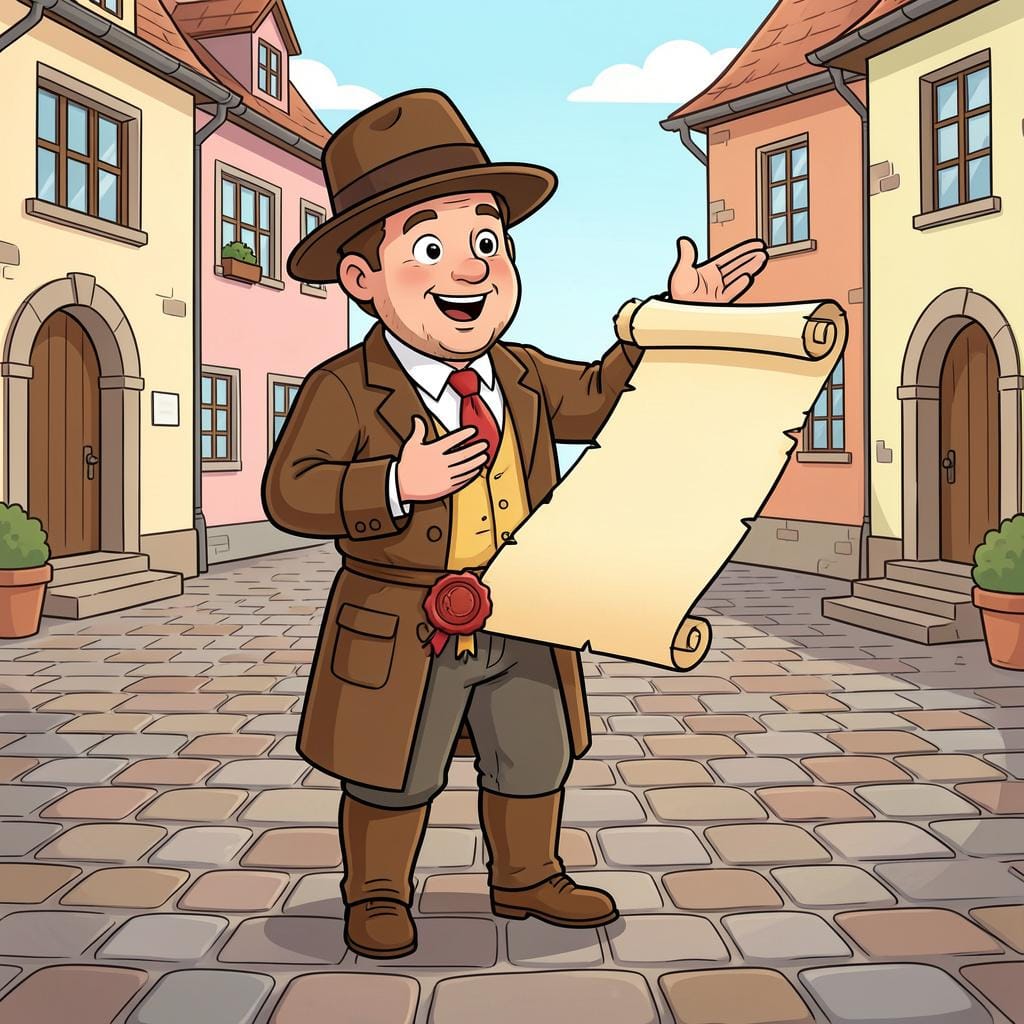 A town crier in traditional clothing holding a rolled parchment scroll in a village square.