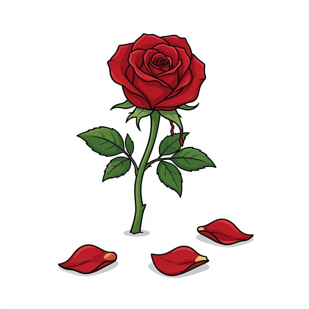 Une fleur flétrie avec quelques pétales tombés sur une surface unie.