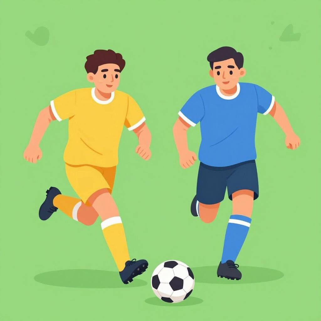 Two soccer players from different teams running side-by-side to reach a ball.