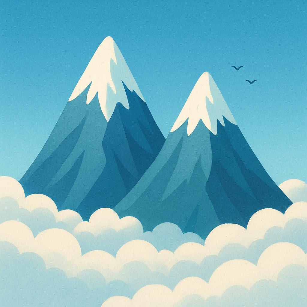 A colorful storybook illustration showing two extremely tall, snow-capped mountains piercing the sky, emphasizing height.