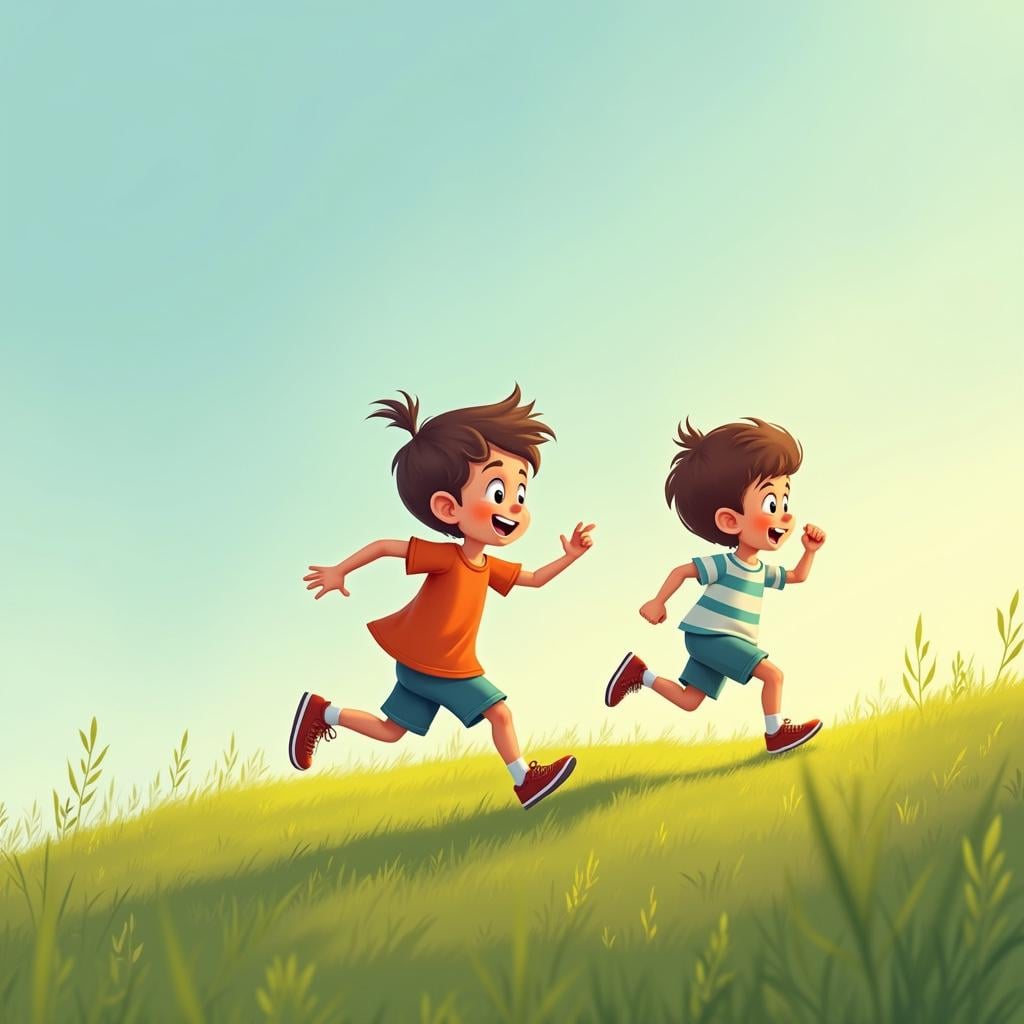 Two storybook children running a race; the child in the lead is turning back and pumping a fist in the air to encourage the struggling second child, depicting 'Come on!'.