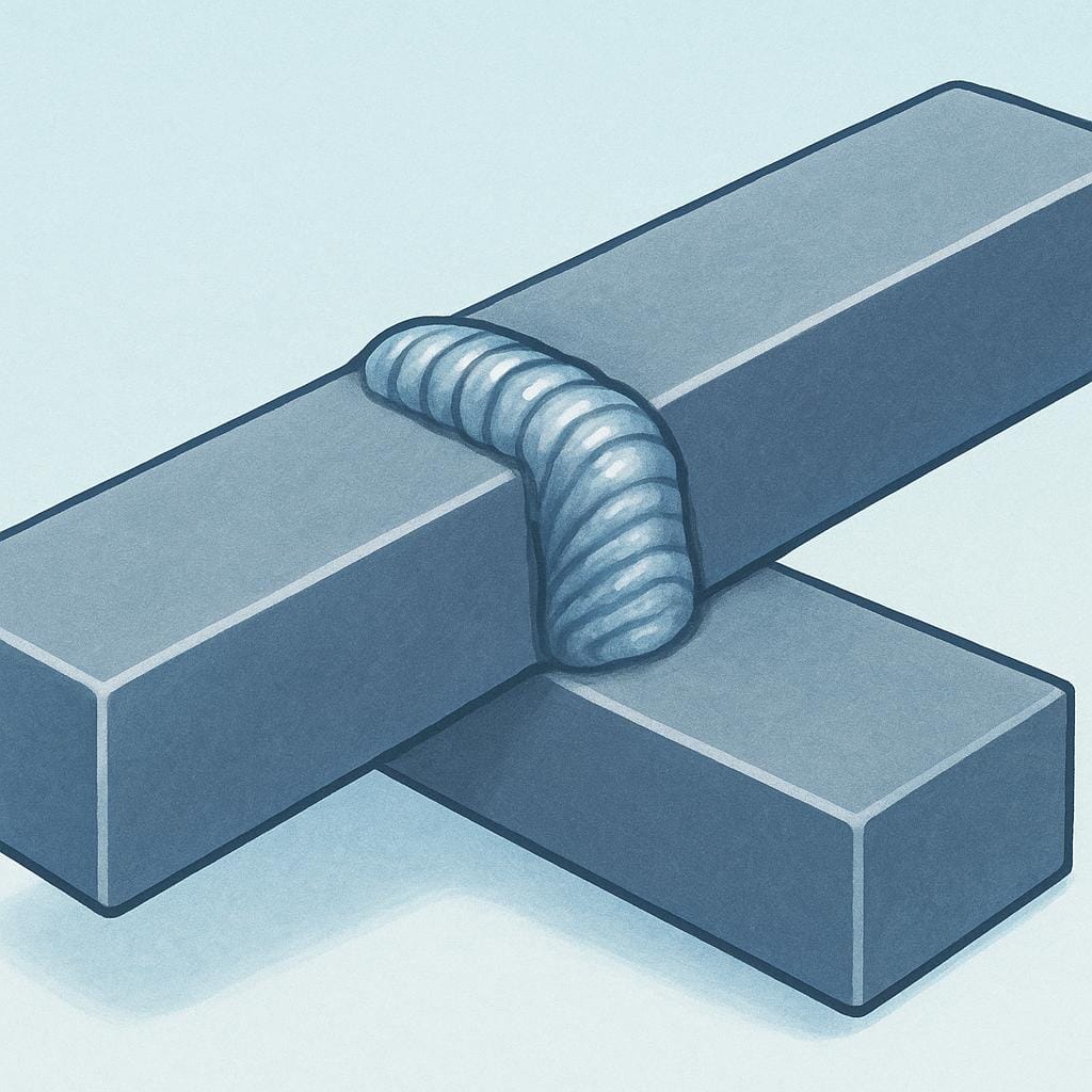 A close-up illustration of two thick grey metal bars that are permanently joined by a prominent, rough weld seam.