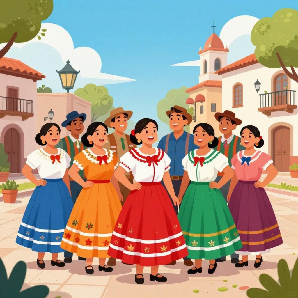 Een groep blije mensen met diverse Latijns-Amerikaanse achtergronden die samen vieren met kleurrijke vlaggen en traditionele kleding.