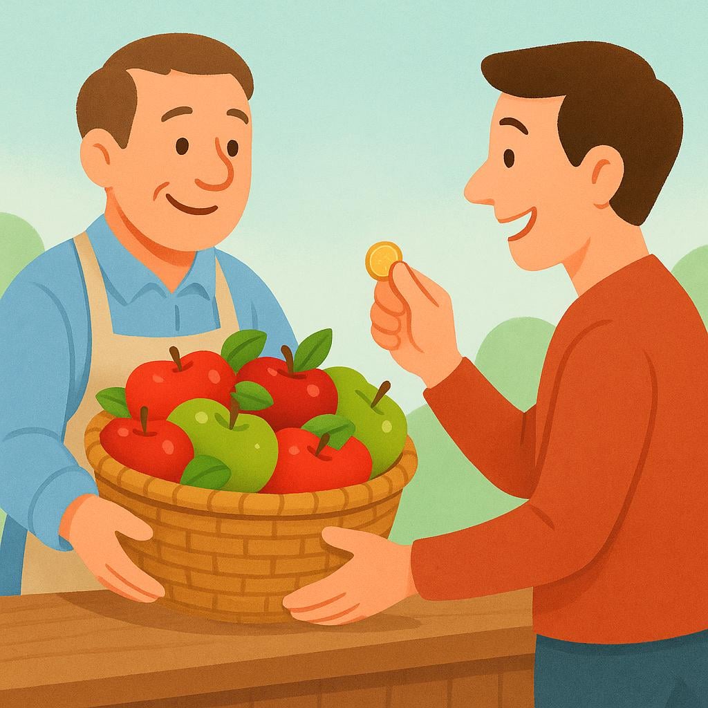 A smiling cartoon person easily buying a large, appealing basket of fruit from a vendor using only a single, small coin, symbolizing affordability.