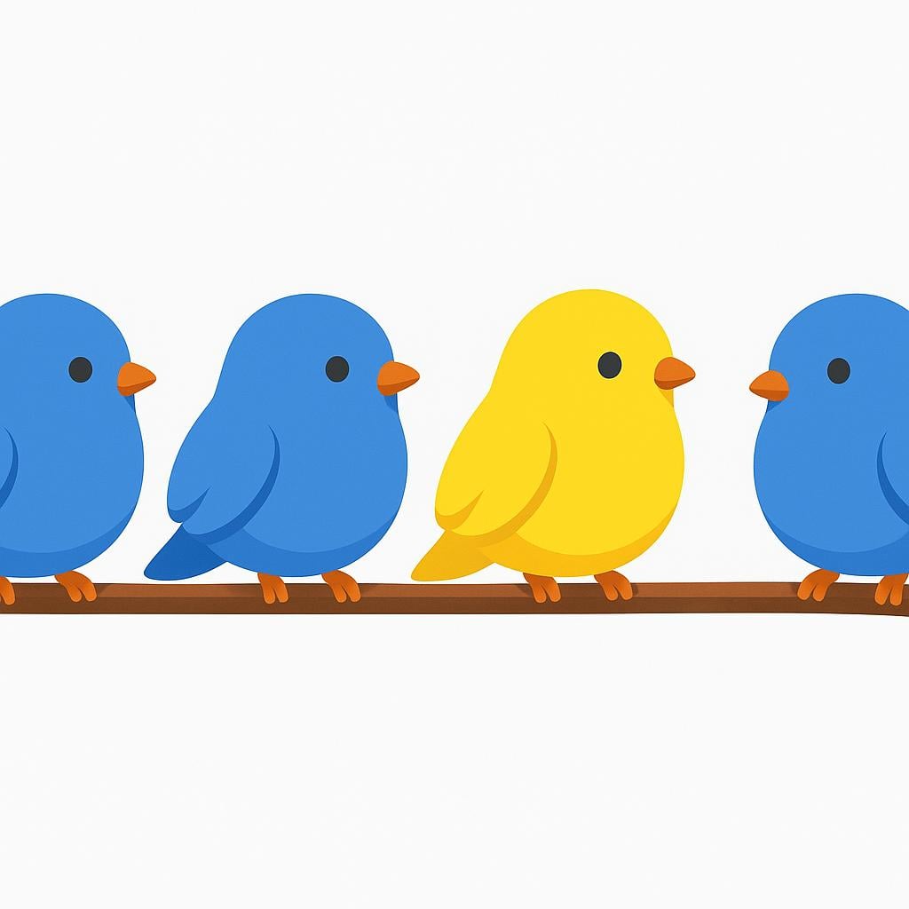 A simple illustration of four small birds sitting on a tree branch. Three of the birds are identical bluebirds, while the fourth bird is a bright yellow canary, emphasizing that it is different from the rest.