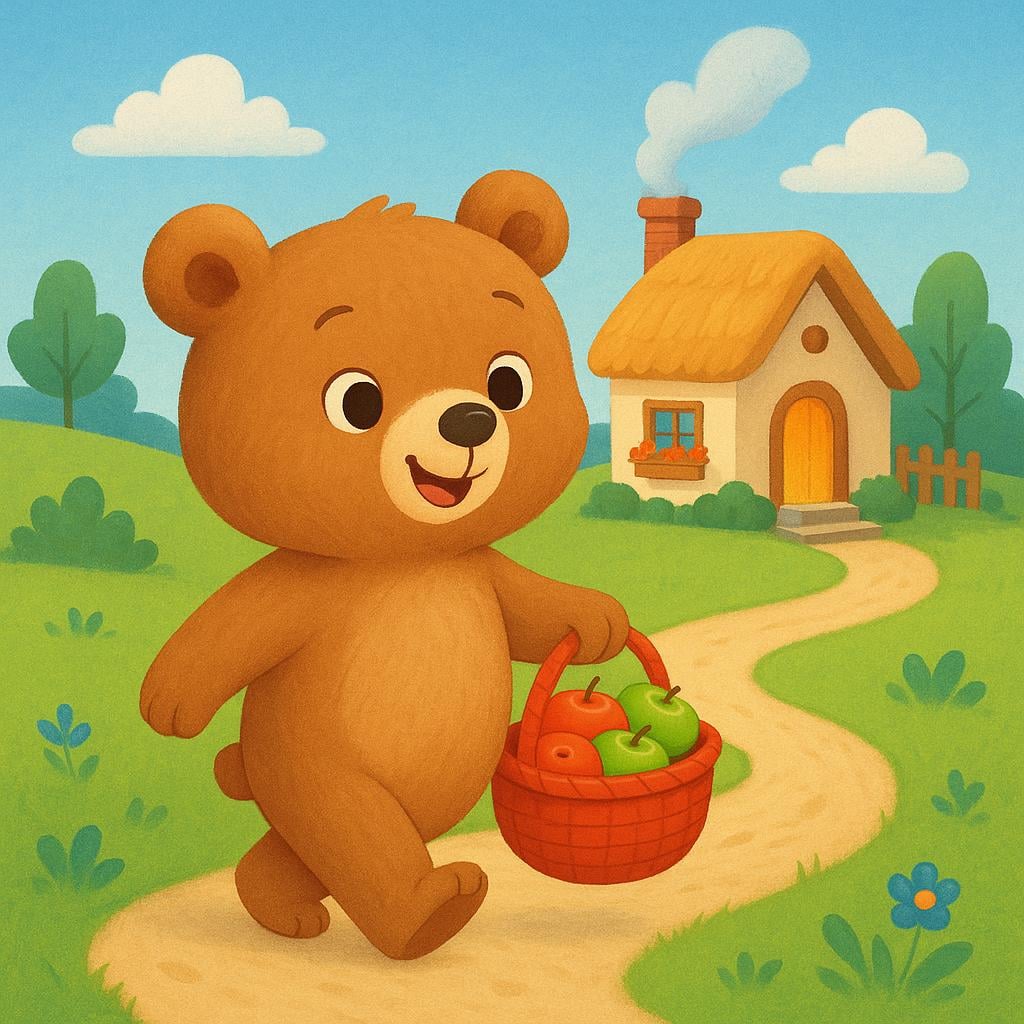 A colorful storybook illustration showing a happy bear cub carrying a basket of red apples while walking along a path toward a small cottage.