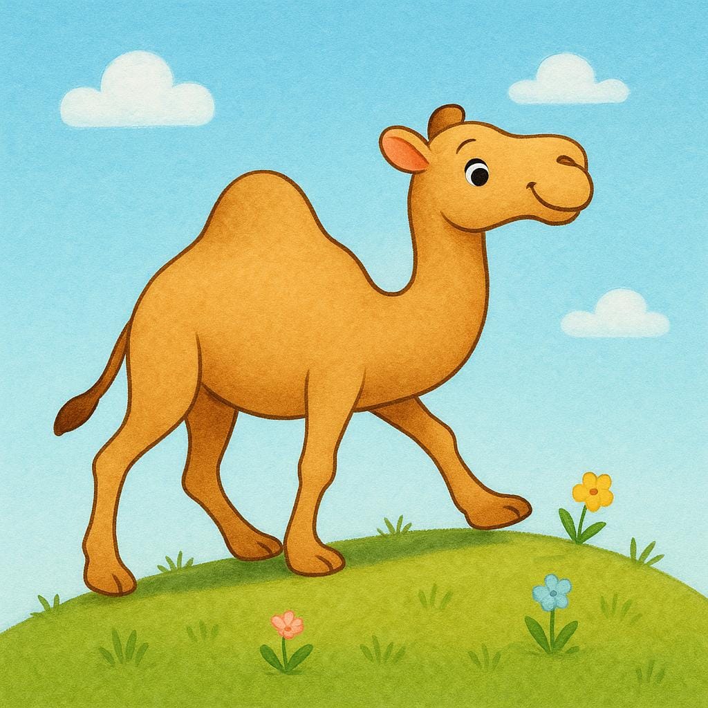 A cheerful camel walking up a small, grassy hill, symbolizing the middle of the week.