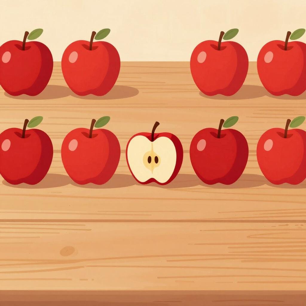 A neat row of red apples with one single apple knocked over and rolling away.