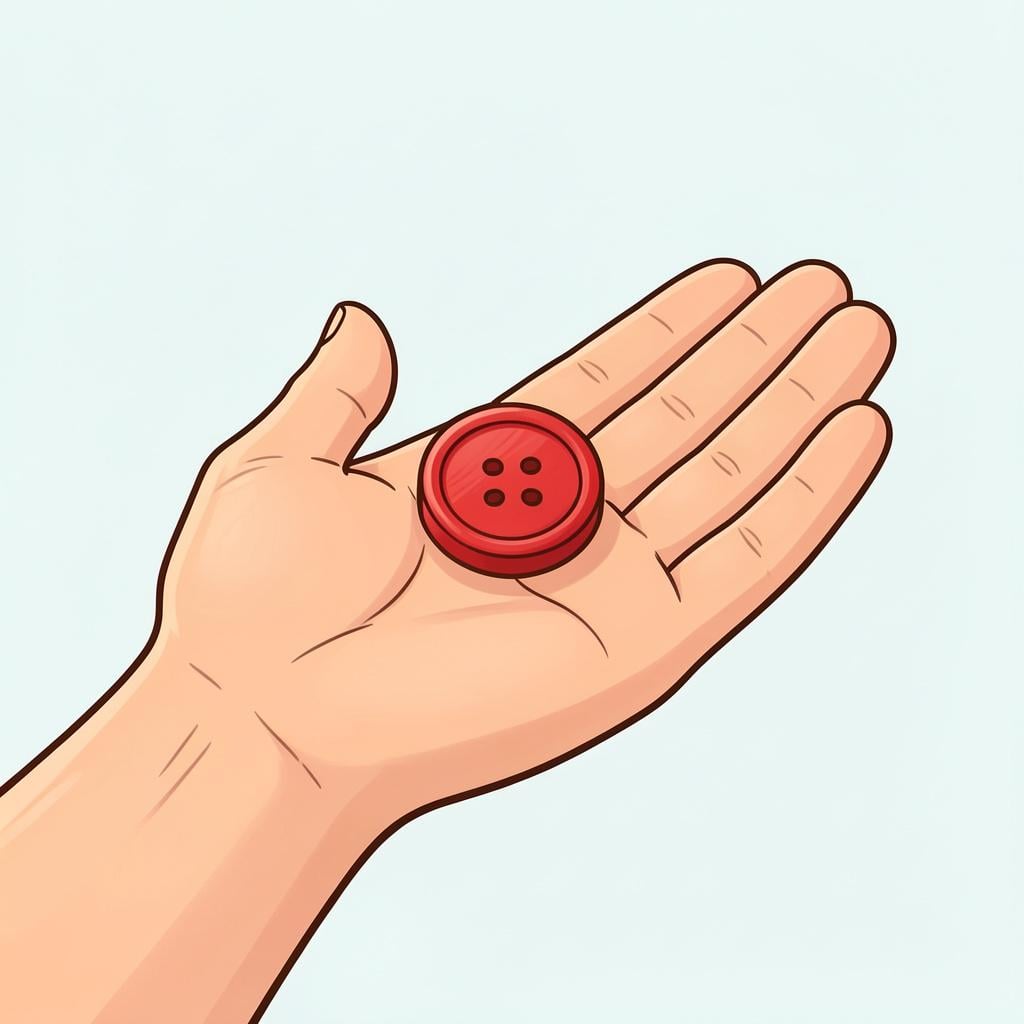 A tiny, colorful wooden button sitting in the palm of a hand.