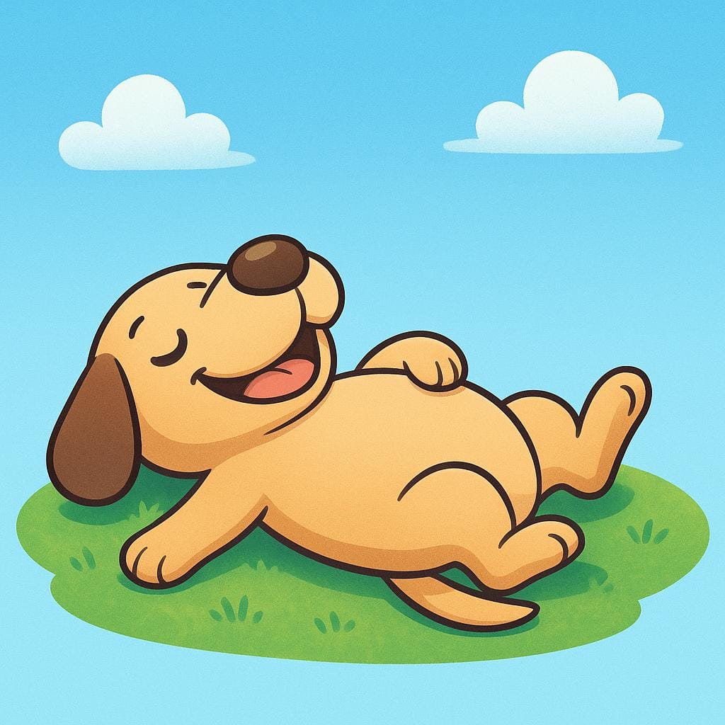 A cartoon dog lying completely flat on its back on the grass, resting.