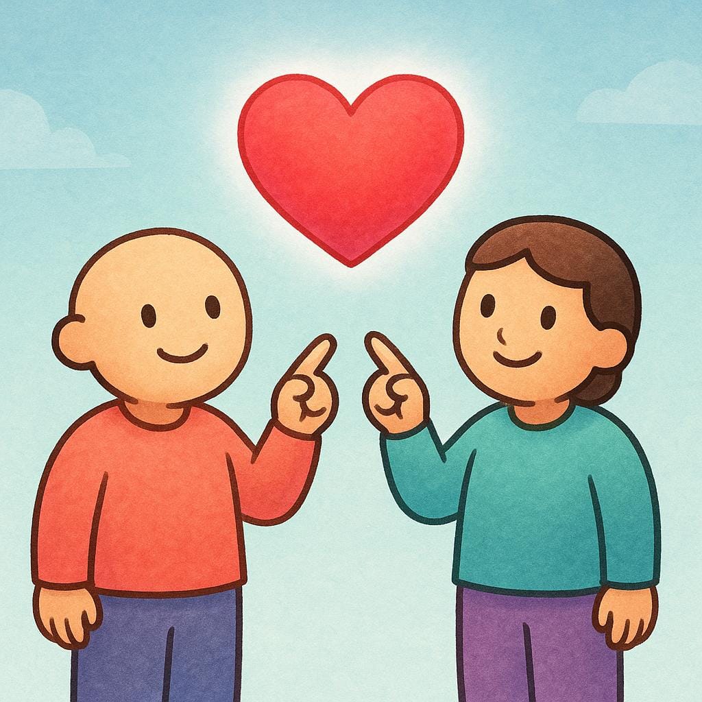 Two friendly figures stand side-by-side, both pointing toward a large, shared, brightly colored heart floating between them, symbolizing mutual agreement.